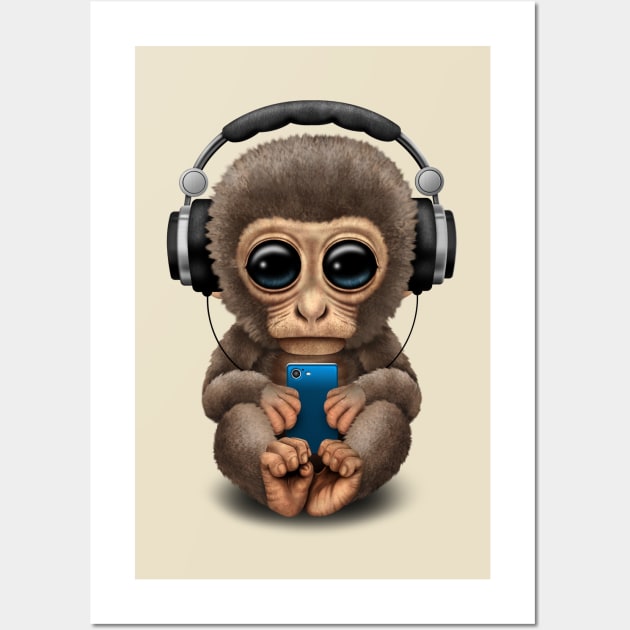 Cute Baby Monkey With Cell Phone Wearing Headphones Wall Art by jeffbartels